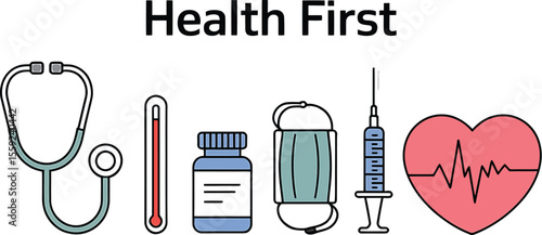 Illustration of medical equipment with stethoscope, thermometer and syringe