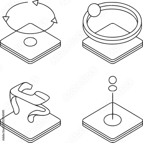 Isometric illustrations showing abstract shapes on square platforms with green accents and white fill