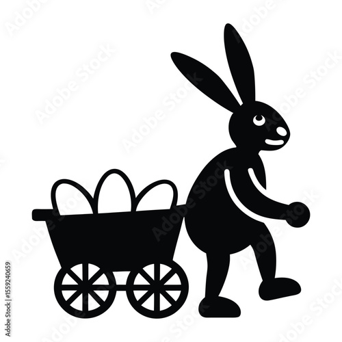 Adorable bunny joyfully delivering Easter eggs in festive spring cart Vector silhouette