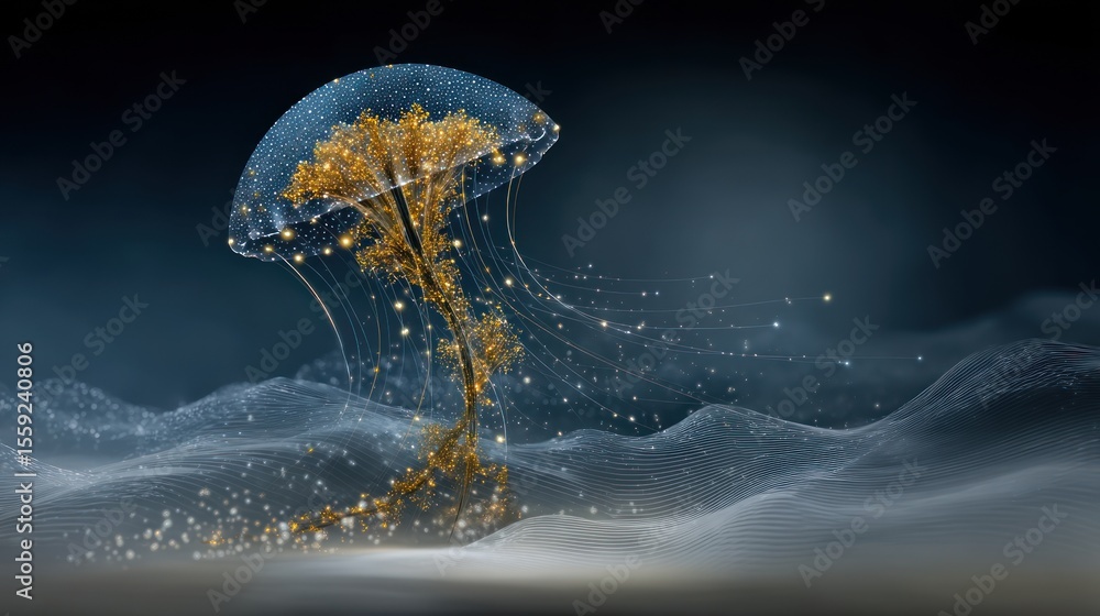 Fototapeta premium Golden Tree Jellyfish: A Digital Fantasy