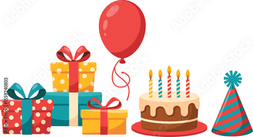 Illustration of birthday party elements including gifts cake balloon and hat