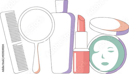 Illustration of comb, mirror, bottle, lipstick, and face powder on surface