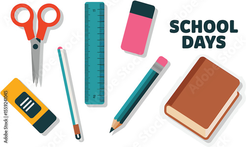 Flat lay of school supplies including scissors ruler pencil and eraser book