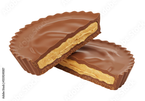 Isolated Peanut Butter Cup Cut in Half, Displaying Creamy Filling and Chocolate Shell
