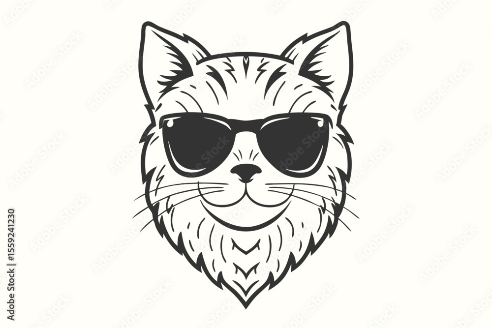 Obraz premium An illustration of a feline face wearing dark glasses and displaying a cheerful expression
