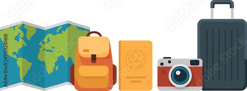 Illustration of travel items including map backpack passport camera and suitcase