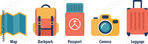 Flat vector illustration of travel essentials including map backpack passport