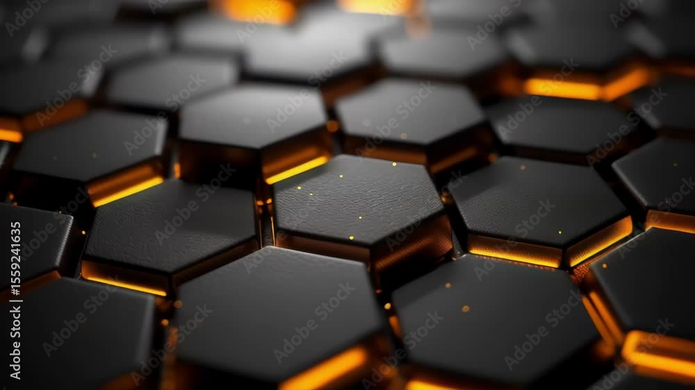 Abstract hexagonal grid with moving black tiles and glowing orange lights. Technology and futuristic design concept. Footage for a gaming intro, hi-tech presentation or a modern event background Abstract hexagonal grid with moving black tiles and glowing orange lights. Technology and futuristic design concept. Footage for a gaming intro, hi-tech presentation or a modern event background