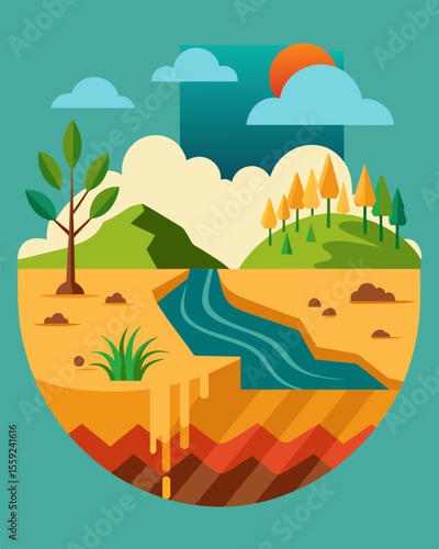 A landscape marred by crop failure a result of unsustainable practices that have exhausted the lands ability to sustain growth.. Vector illustration