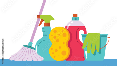 Illustration of cleaning supplies including mop, spray bottle, and bucket
