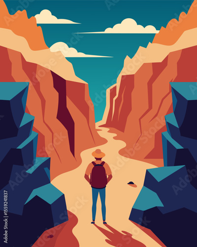 Hiking through a canyon the person feels like they are walking through a tunnel of sound as their doubts and insecurities echo off the steep walls making it hard to move forward.. Vector illustration