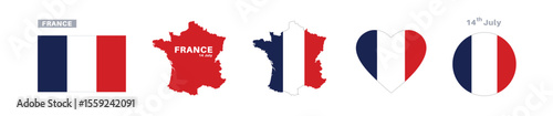 france flag and map set. france flag in official colors and proportions. independence day 14 july , map, circle and heart shaped france 