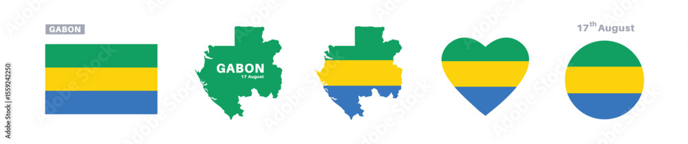 gabon flag and map set. gabon flag in official colors and proportions. independence day 17 august, map, circle and heart shaped gabon gabon flag and map set. gabon flag in official colors and proportions. independence day 17 august, map, circle and heart shaped gabon