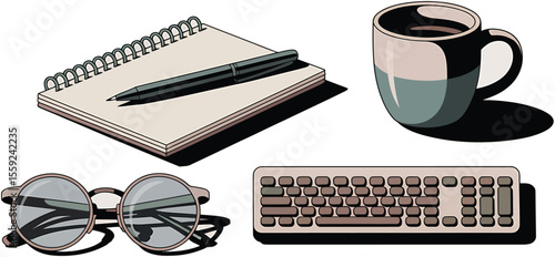 A flat lay of a notebook with pen, coffee cup, glasses, and keyboard on desk