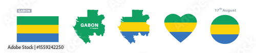 gabon flag and map set. gabon flag in official colors and proportions. independence day 17 august, map, circle and heart shaped gabon 