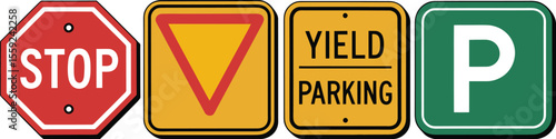 A collection of four different road signs including stop yield and parking