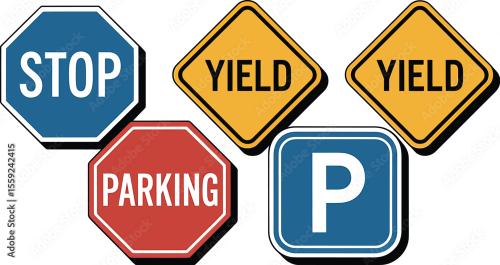 A collection of five road signs including stop yield and parking signs shown A collection of five road signs including stop yield and parking signs shown