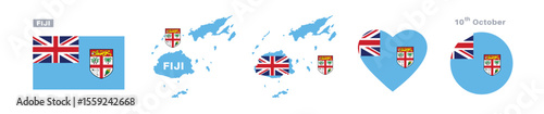 FIJI flag and map set. FIJI flag in official colors and proportions. independence day 10 OCTOBER, map, circle and heart shaped FIJI 