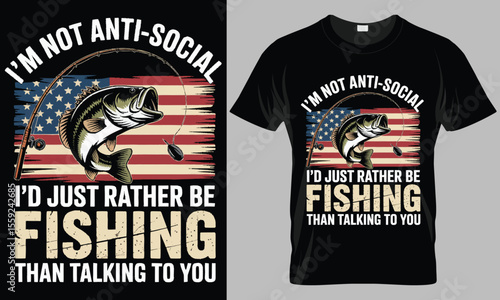 Funny Fishing T-Shirt with American Flag, Bass Fish, and Humorous Anti-Social Quote