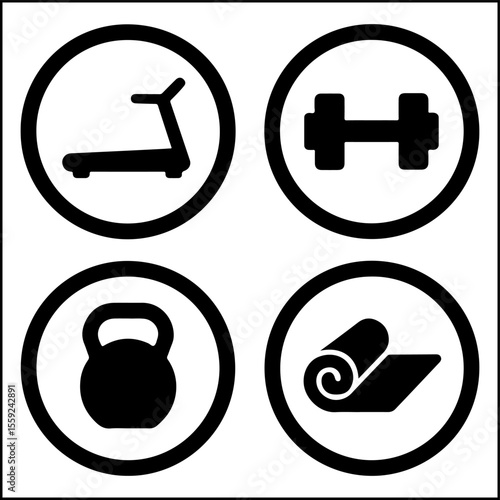 Gym equipment icons with treadmill dumbbell mat