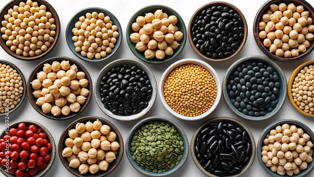 Diverse Collection of Beans and Legumes in Bowls A Colorful Array of Plant Based Protein Sources for Healthy Eating Diverse Collection of Beans and Legumes in Bowls A Colorful Array of Plant Based Protein Sources for Healthy Eating