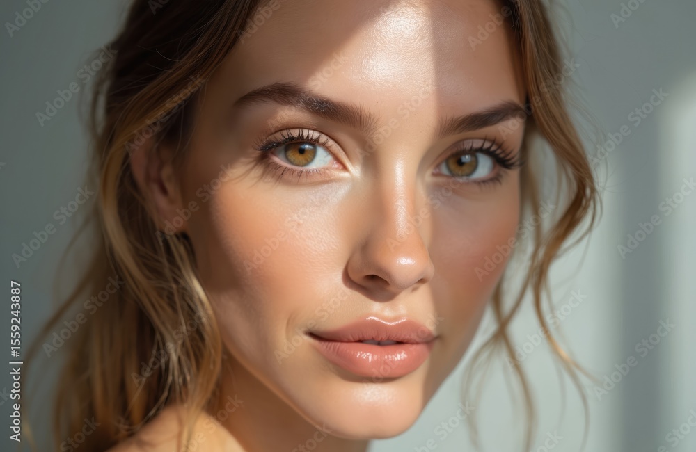 Close-up of model with perfect makeup, flawless skin. Soft light enhances beauty, face features. Minimalistic composition conveys subtle elegance. Modern beauty photography, skincare, cosmetology Close-up of model with perfect makeup, flawless skin. Soft light enhances beauty, face features. Minimalistic composition conveys subtle elegance. Modern beauty photography, skincare, cosmetology