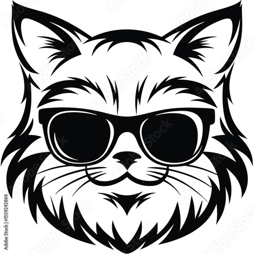 Black and white cat face with sunglasses displays cool feline style quite strikingly