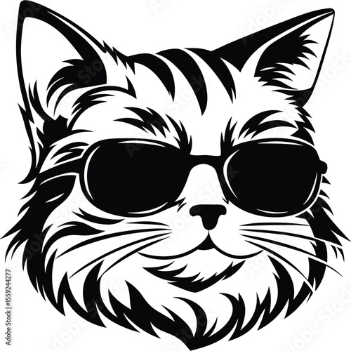 A feline face with sunglass shows a cool attitude in bold black lines