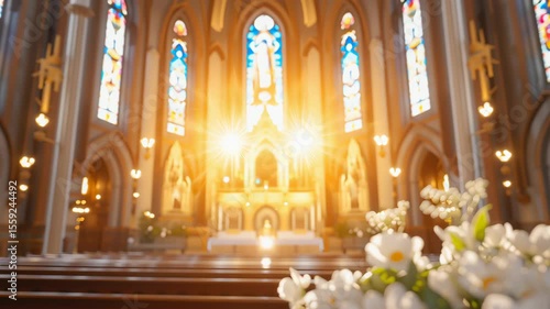 White flowers in a church with a bright, sunlit altar and stained glass windows. Religious ceremony and faith concept. footage for a wedding film, easter service or holiday greeting