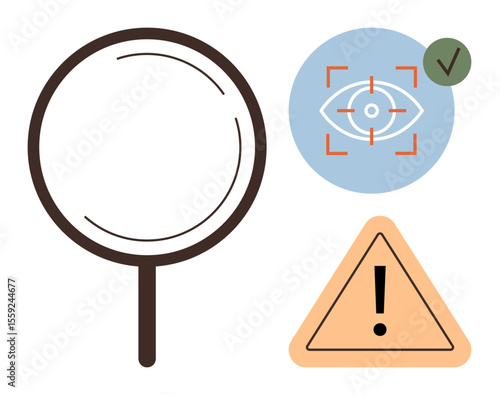 Magnifying glass, targeted eye with checkmark, and caution triangle with exclamation mark. Ideal for research, attention, focus, vision, alertness analysis and warning. Simple flat metaphor