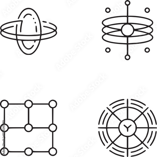 A collection of four abstract line art icons featuring geometric and circular designs on white