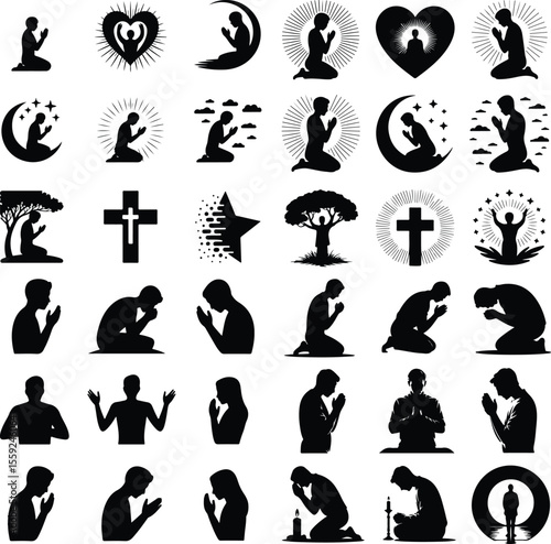 Prayer Pose Vector Icons – Religious & Meditation Silhouettes Pack Prayer Pose Vector Icons – Religious & Meditation Silhouettes Pack