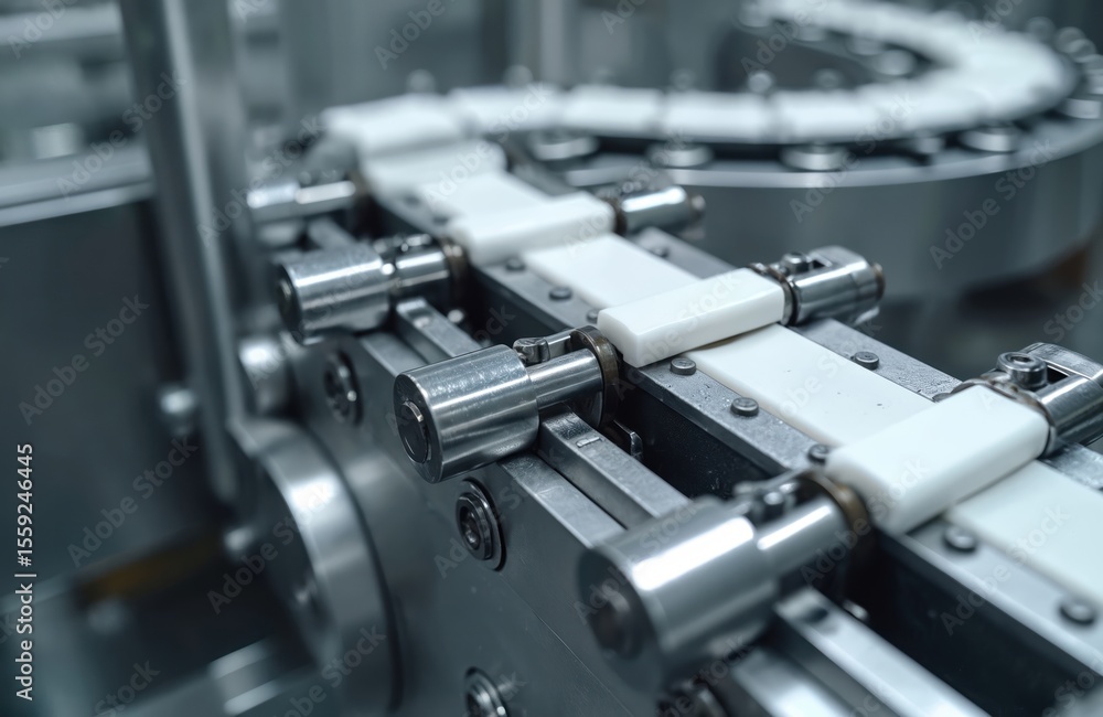 Naklejka premium Close-up of industrial conveyor equipment, stainless steel production elements. Metal parts with chains in plant, system. Manufacturing engineering technology, pipeline for liquid, gas. Modern