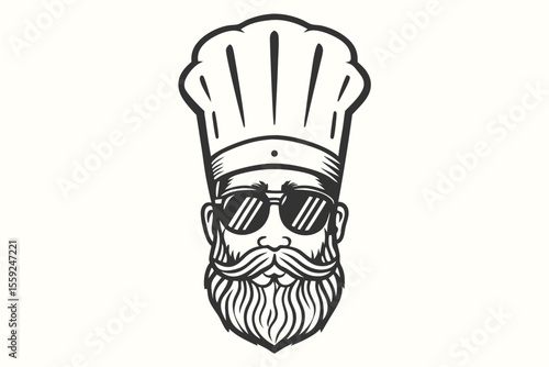 Bearded chef icon wearing sunglasses and tall toque presents a cool culinary attitude