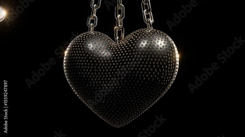 Metallic Heart Sculpture Hanging in a Dark Space Generative AI