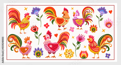 Colorful Polish folk roosters and flowers bright vector illustration in traditional style perfect for prints cards fabric packaging and home decor