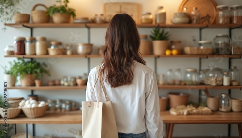 Woman with cotton bag buying groceries at zero waste shop. Sustainable shopping at small local business. Conscious consumerism, eco-friendly lifestyle. Health food store with plastic-free, bulk