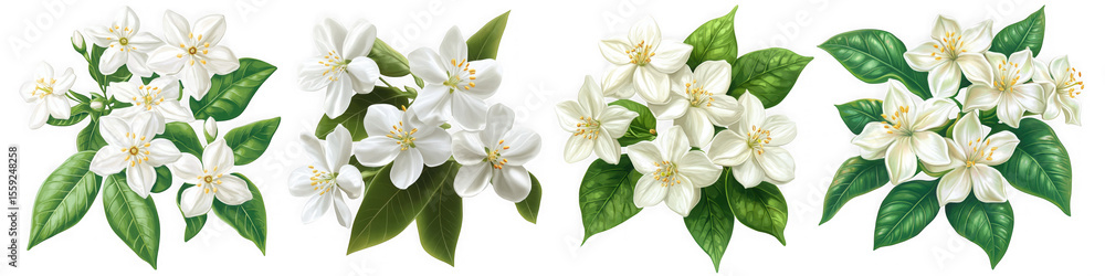 Obraz premium A set of four illustrations of white jasmine flowers and green leaves isolated on transparent background