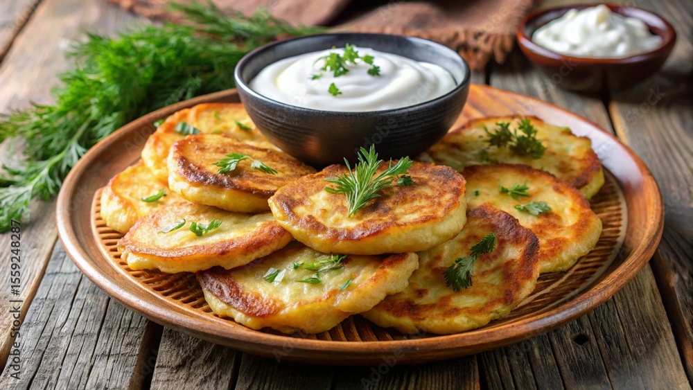 Ukrainian deruny — potato fritters with sour cream and dill, served on a rustic plate Ukrainian deruny — potato fritters with sour cream and dill, served on a rustic plate