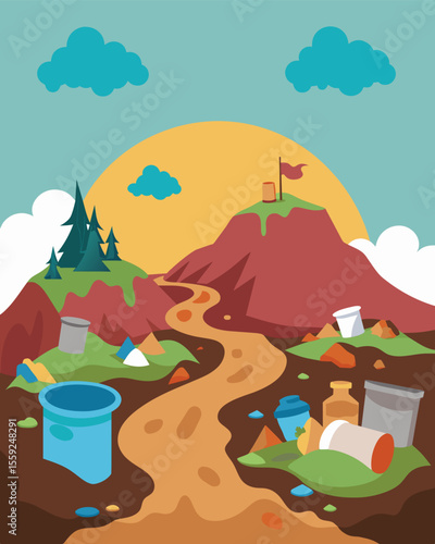 A decaying and neglected landscape with trash spilling out of overflowing landfills and spreading out into the surrounding area.. Vector illustration