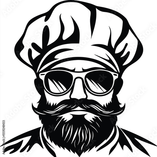 Bearded chef with sunglasses and a tall hat shows culinary coolness in black and white