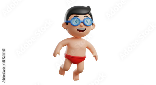 Cartoon man with goggles and red swim brief in swimming pose. Summer vacation concept. Isolated on transparent background for advertising.