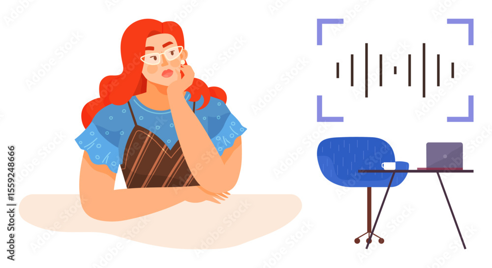 Obraz premium Red-haired woman thinking, sitting next to desk with laptop, microphone, audio waveform visualization. Ideal for creativity, podcasting, problem-solving, technology, brainstorming freelancing