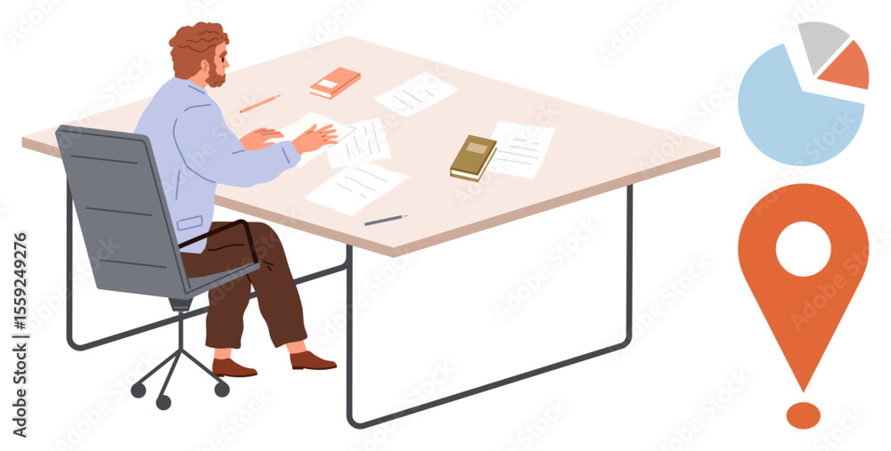 Businessman organizing papers on desk, surrounded by books, pie chart, and location marker. Ideal for themes productivity, planning, data analysis, strategy, workflow decision-making simple flat Businessman organizing papers on desk, surrounded by books, pie chart, and location marker. Ideal for themes productivity, planning, data analysis, strategy, workflow decision-making simple flat