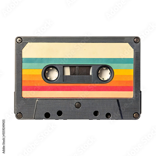 Retro cassette tape with colorful label isolated on a transparent background audio music