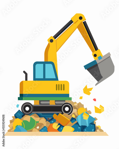 A compact excavator delicately sifts through layers of trash searching for recyclable materials to be separated and processed.. Vector illustration