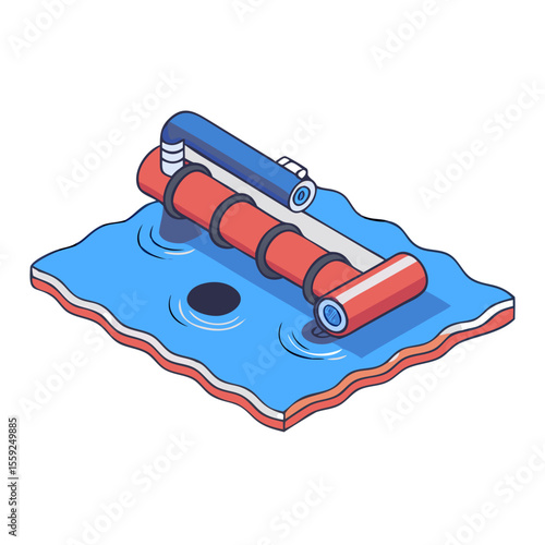 Oil spill containment boom floating on water surface in blue color  