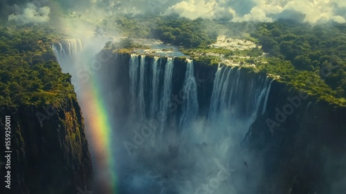Dramatic aerial view of Victoria Falls with rainbow