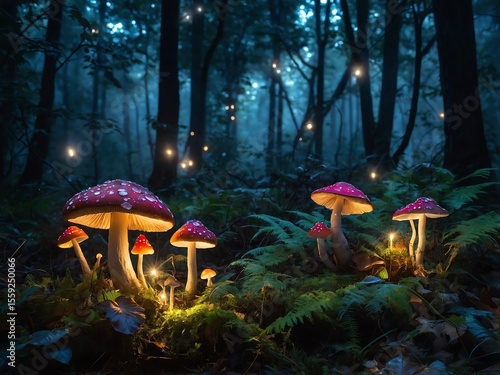 Enchanted forest with glowing mushrooms, sparkling lights, and misty atmosphere, ultra-realistic