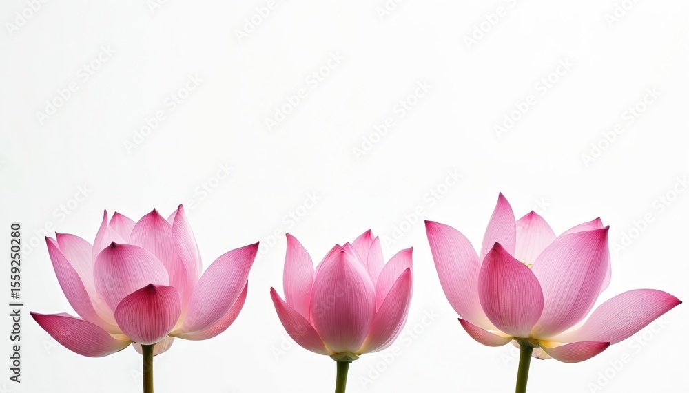 Fototapeta premium Three pink lotus flowers against white backdrop. Delicate petals bloom showing purity serene vibe. Floral design, asian spa zen, yoga meditation, health wellness concept.